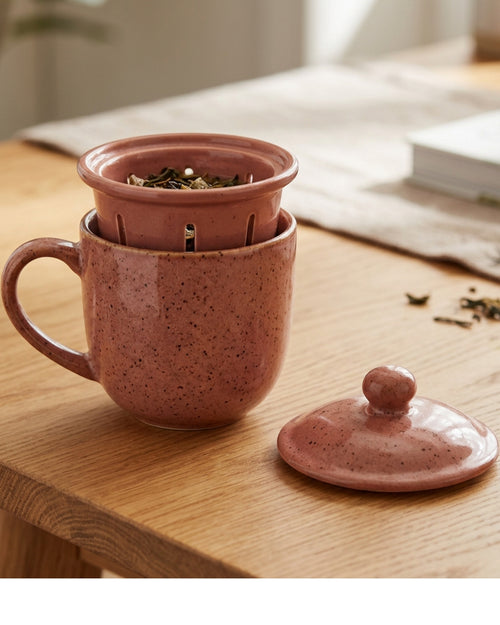 Blocn Bloomcrest Ceramic Tea Cup with Infuser and Lid 15 oz Rose Clay - Lifestyle view