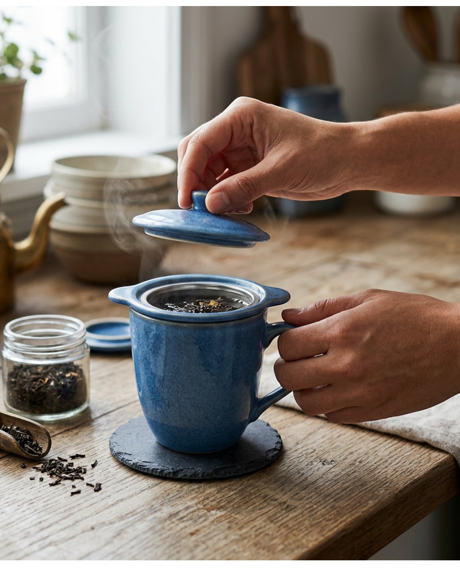 Blocn Blue Ceramic Steeping Cup Infuser Set 12 oz