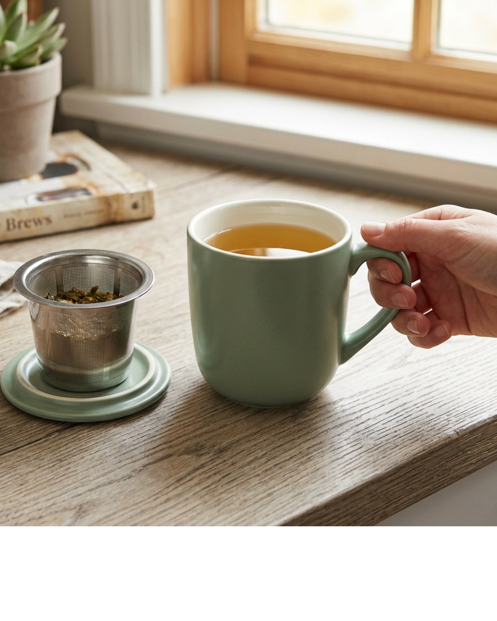 Blocn Ceramic Tea Cup Sage Infuser Lid 14 oz