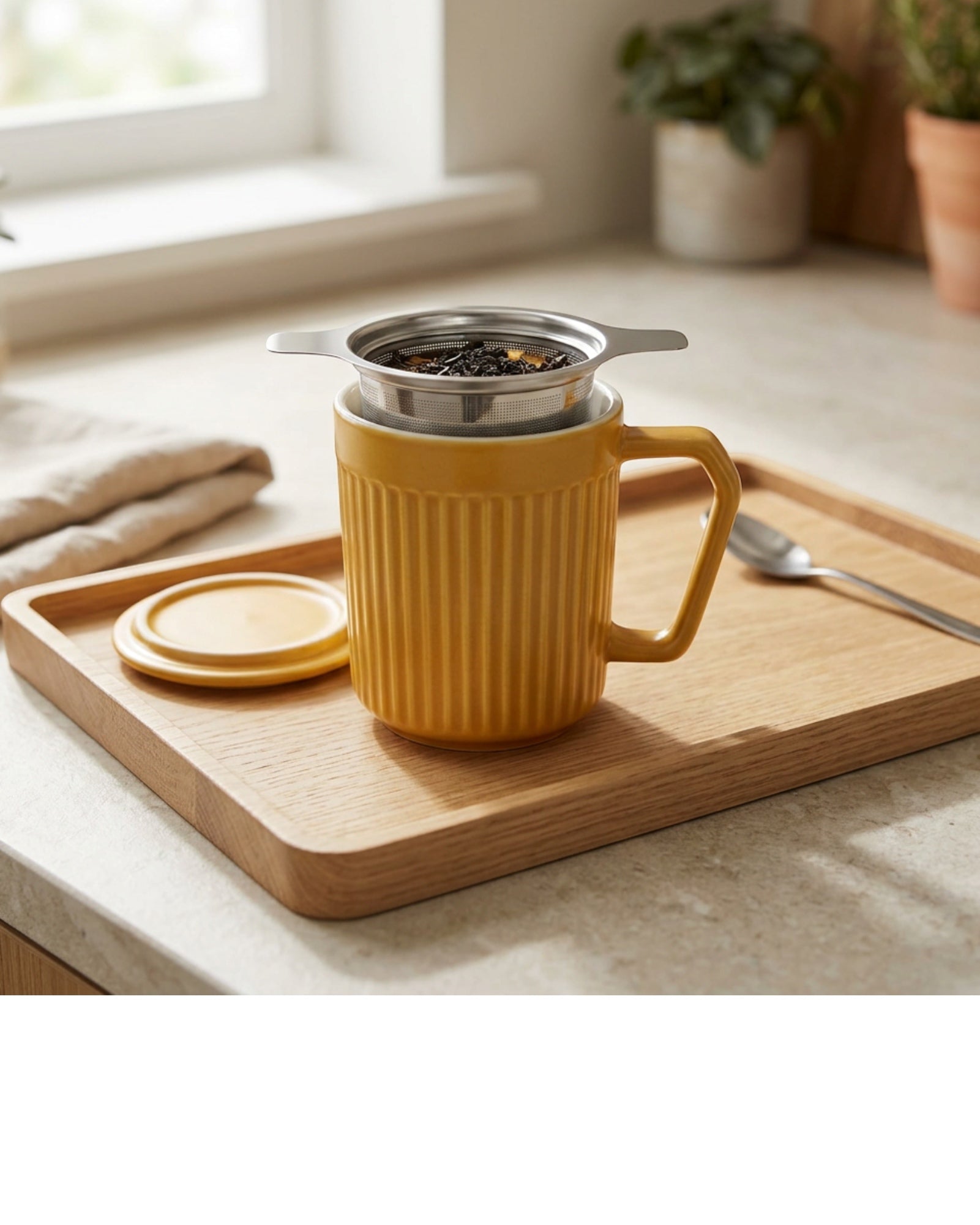 Blocn Latticeleaf Ceramic Tea Mug with Infuser and Lid 12 oz Ochre - Lifestyle view
